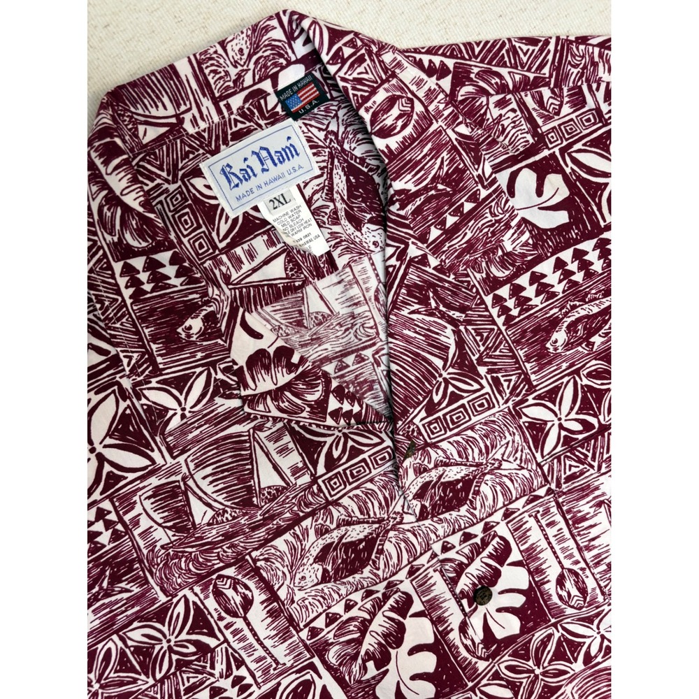 Kai Nani Hawaiian Shirt 2XL Mens Burgundy‎ Print Aloha Made in USA 102C